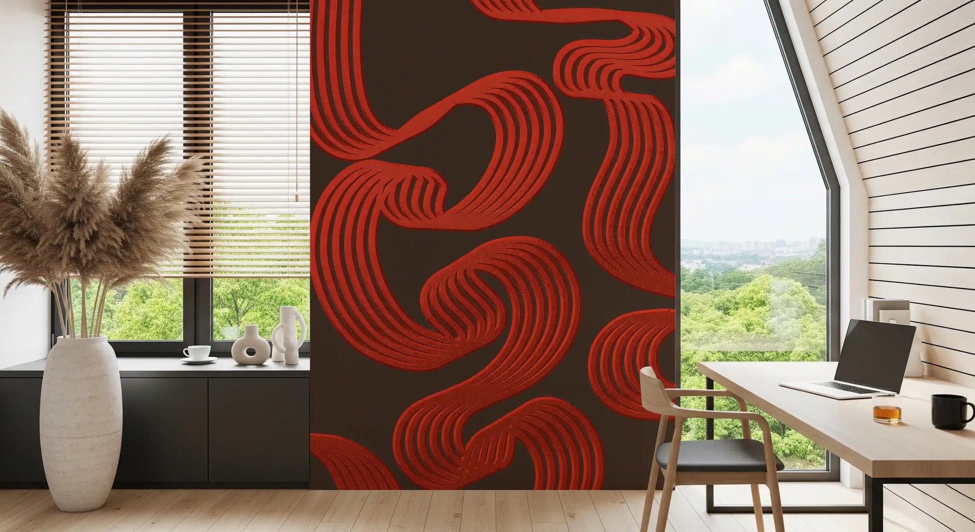 Each ribbon-like band layers stripes to add motion across the Flowing Ember wall mural.