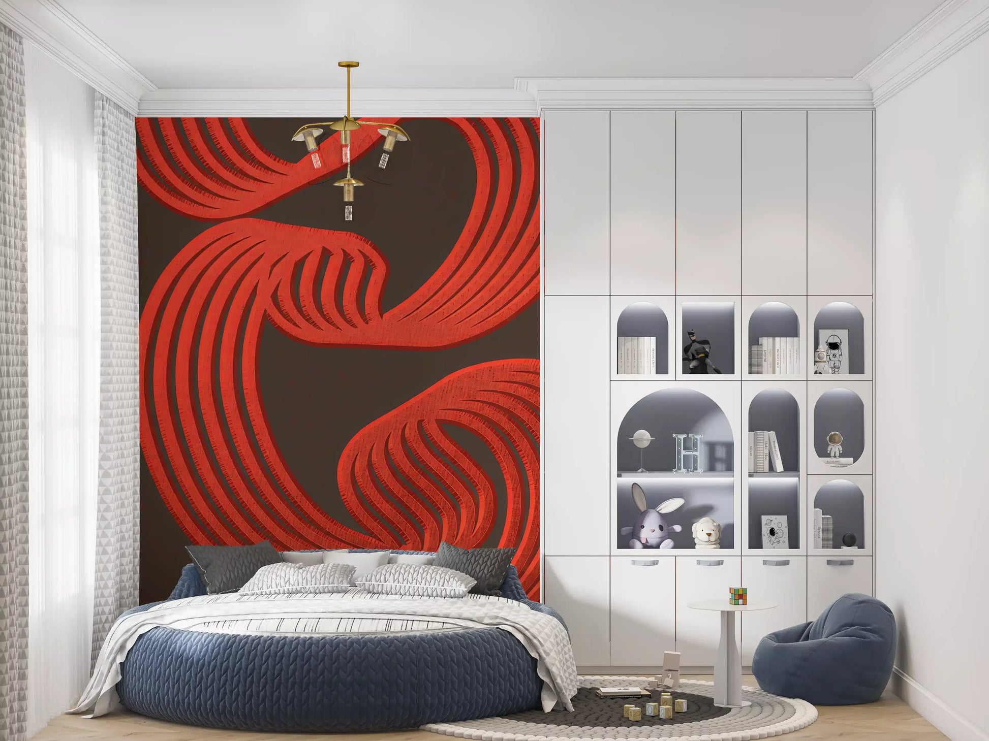 Brown depth and red motion shape the Bedroom  with Flowing Ember Lines wall mural.