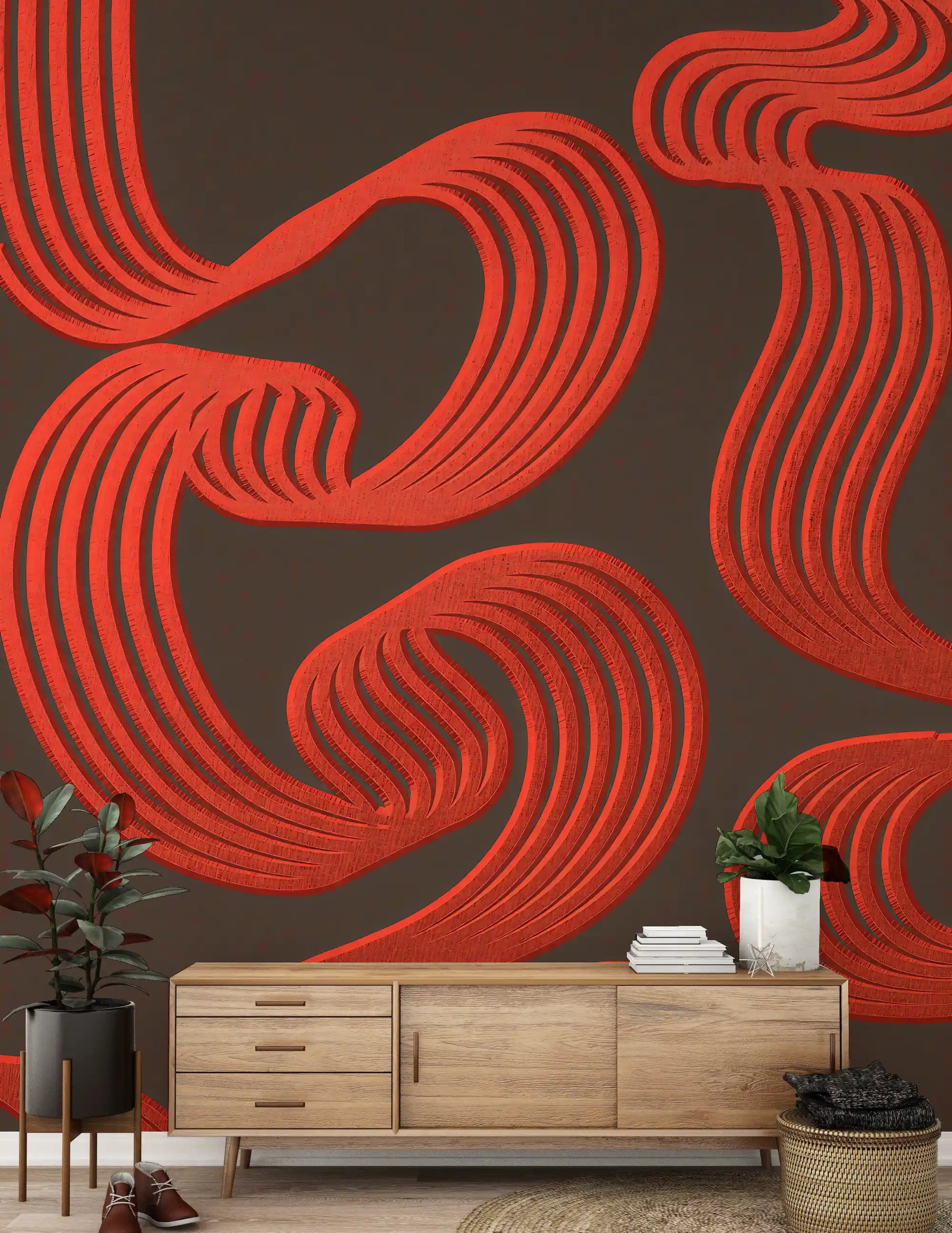 Dark brown ground deepens the bold red curves of Flowing Ember Lines wall mural.