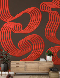 Dark brown ground deepens the bold red curves of Flowing Ember Lines wall mural.