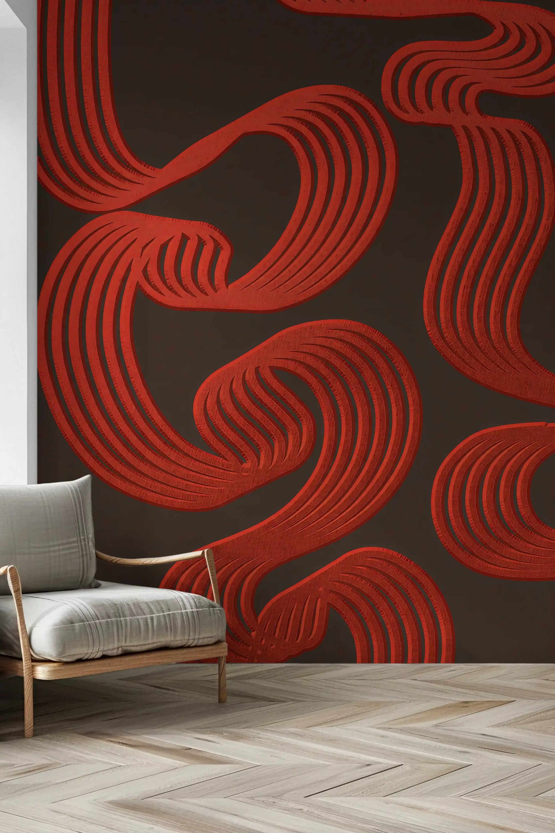 Striped texture builds depth into each curve of this Ember Lines wall mural.