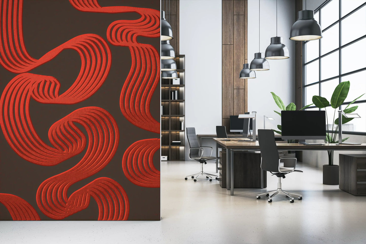 Flowing Ember Lines wall mural meets the Office workplace with dark red and brown curves.