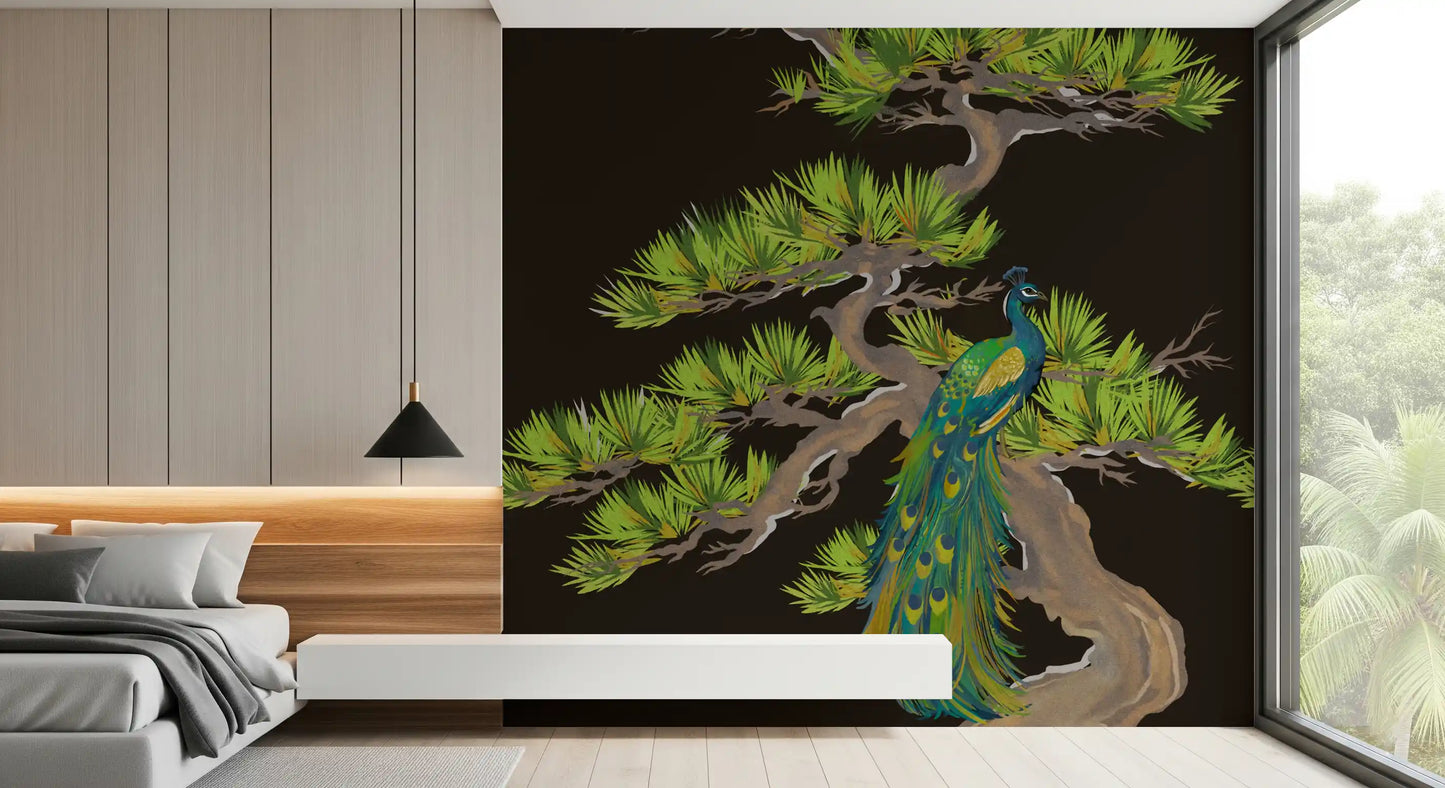 Emerald Peacock on Matsu Pine Japanese style Wall Mural