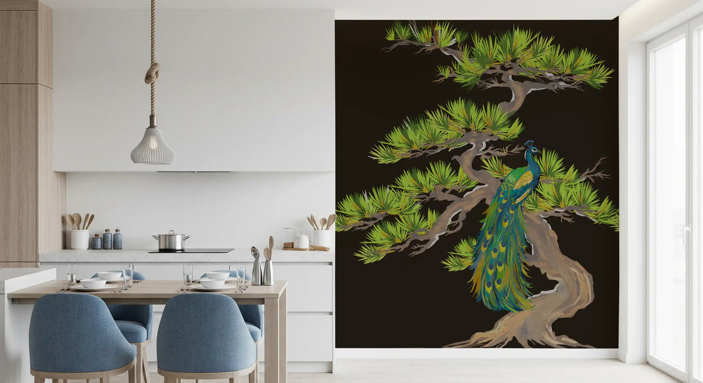 Emerald Peacock on Matsu Pine Japanese style Wall Mural