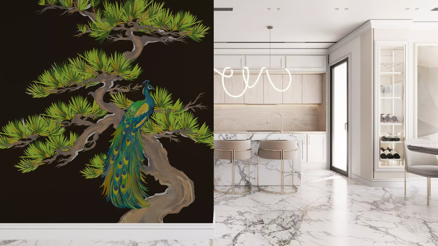 Emerald Peacock on Matsu Pine Japanese style Wall Mural