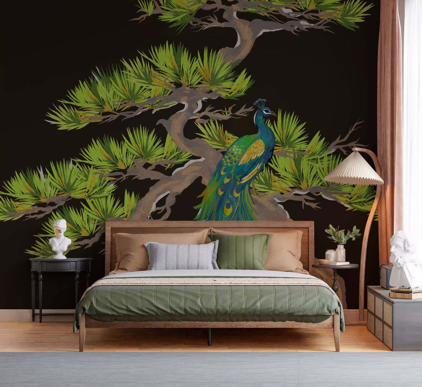 Emerald Peacock on Matsu Pine Japanese style Wall Mural