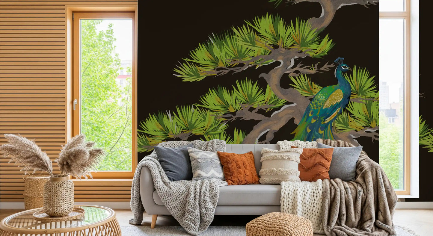 Emerald Peacock on Matsu Pine Japanese style Wall Mural