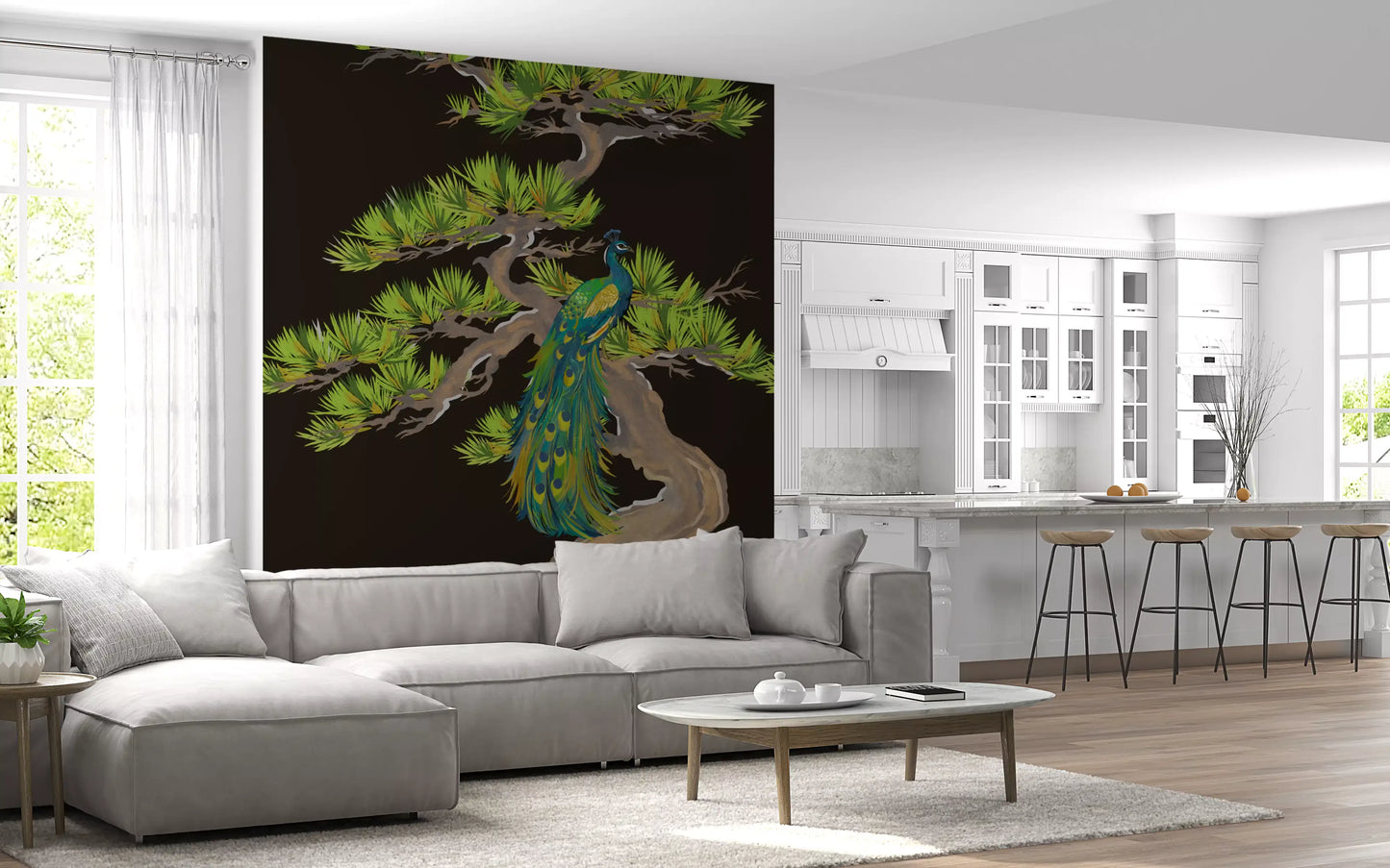 Emerald Peacock on Matsu Pine Japanese style Wall Mural