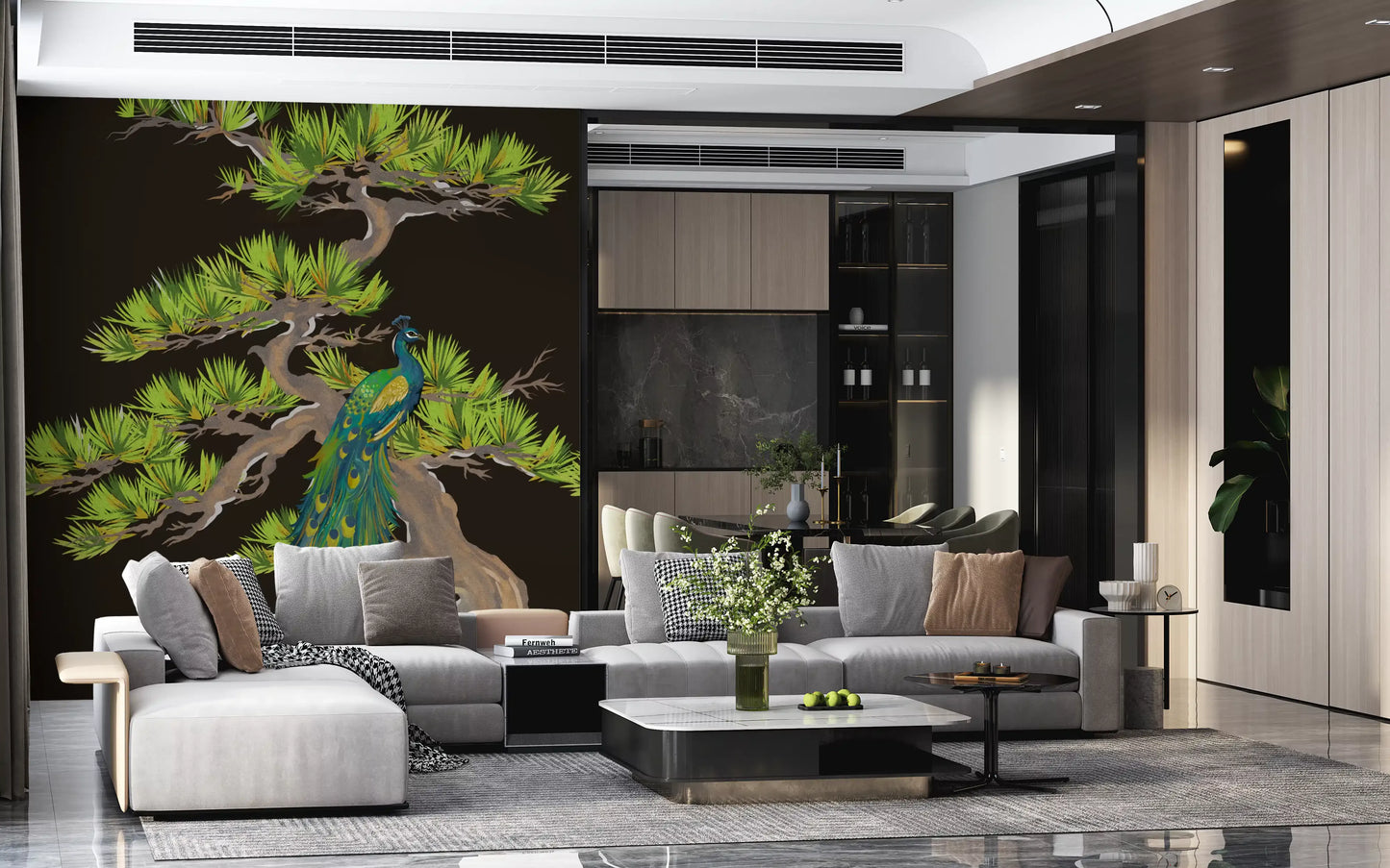 Emerald Peacock on Matsu Pine Japanese style Wall Mural