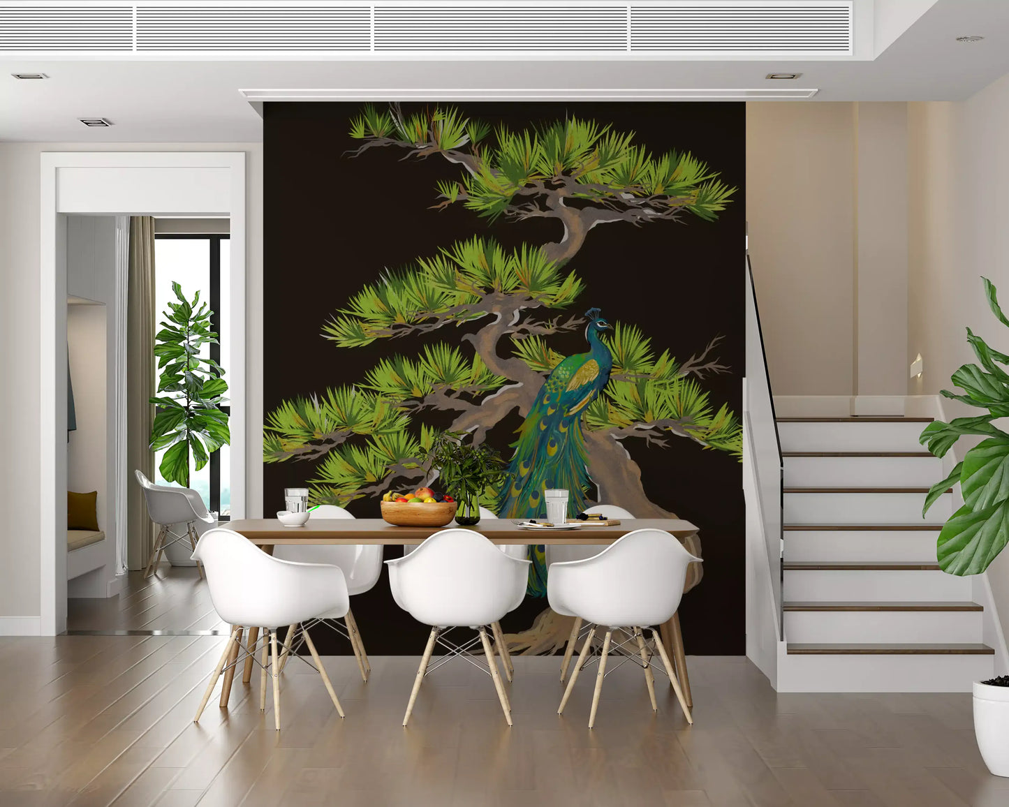 Emerald Peacock on Matsu Pine Japanese style Wall Mural