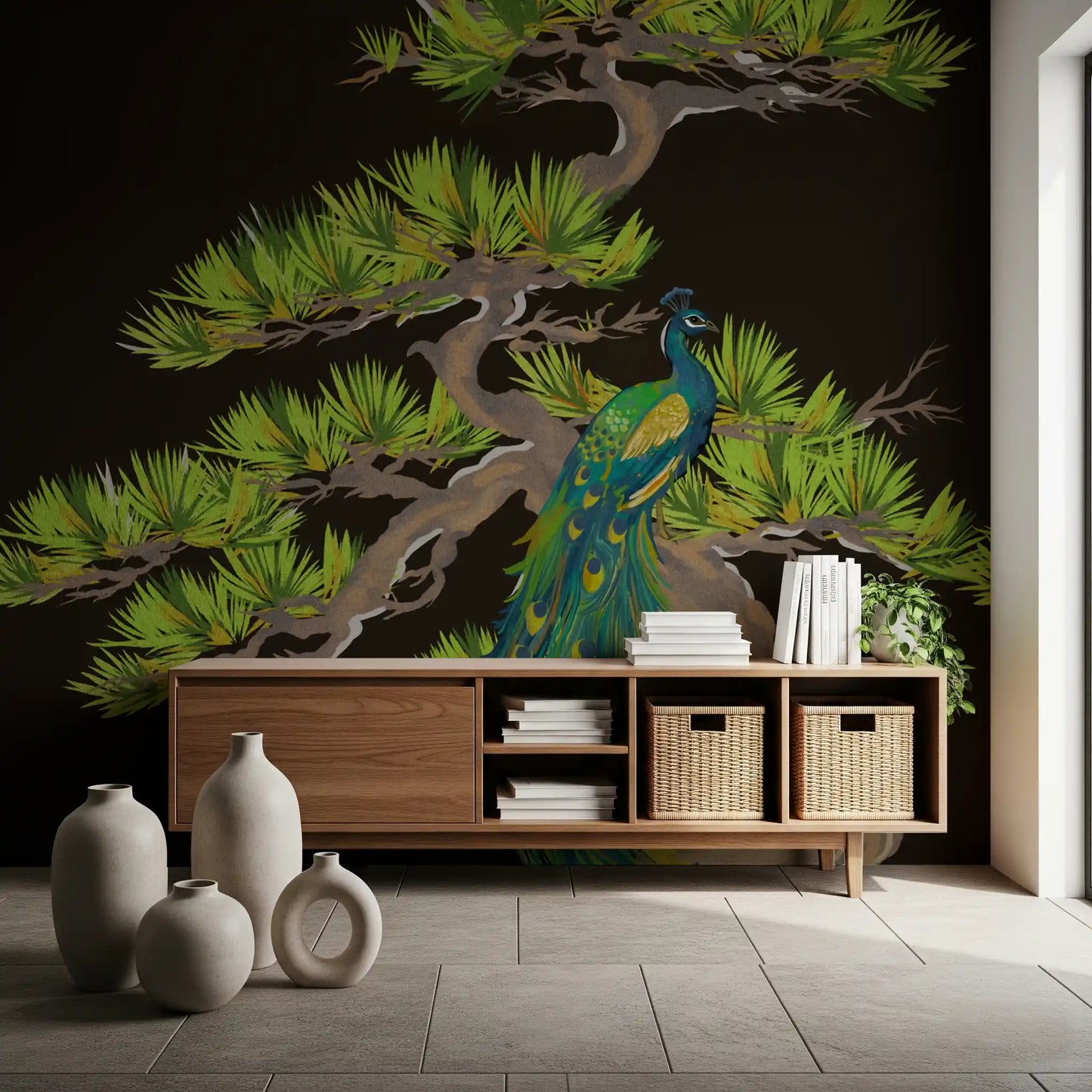 Emerald Peacock on Matsu Pine Japanese style Wall Mural