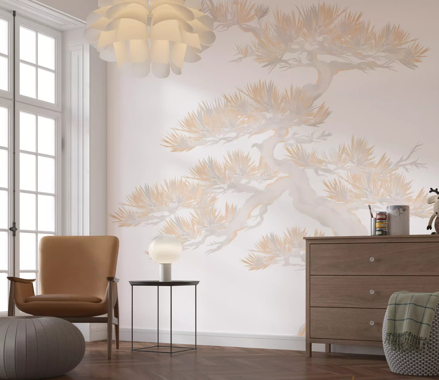 Hallway backdrops featuring layered pine tree wall mural in soft cream and gold