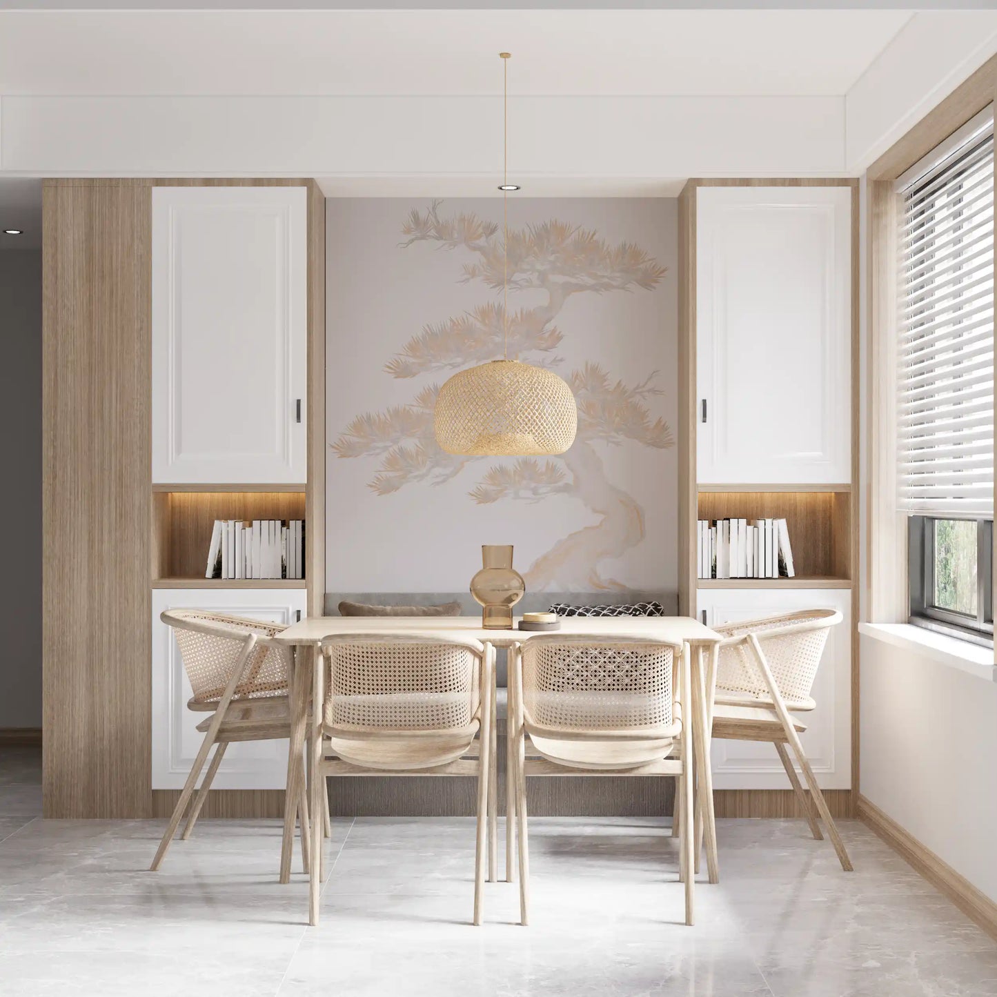 Dining room area with pale pastel Japanese pine wall mural as backdrop