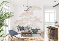 Living room featuring a Japanese Matsu pine wall mural in soft gold hues