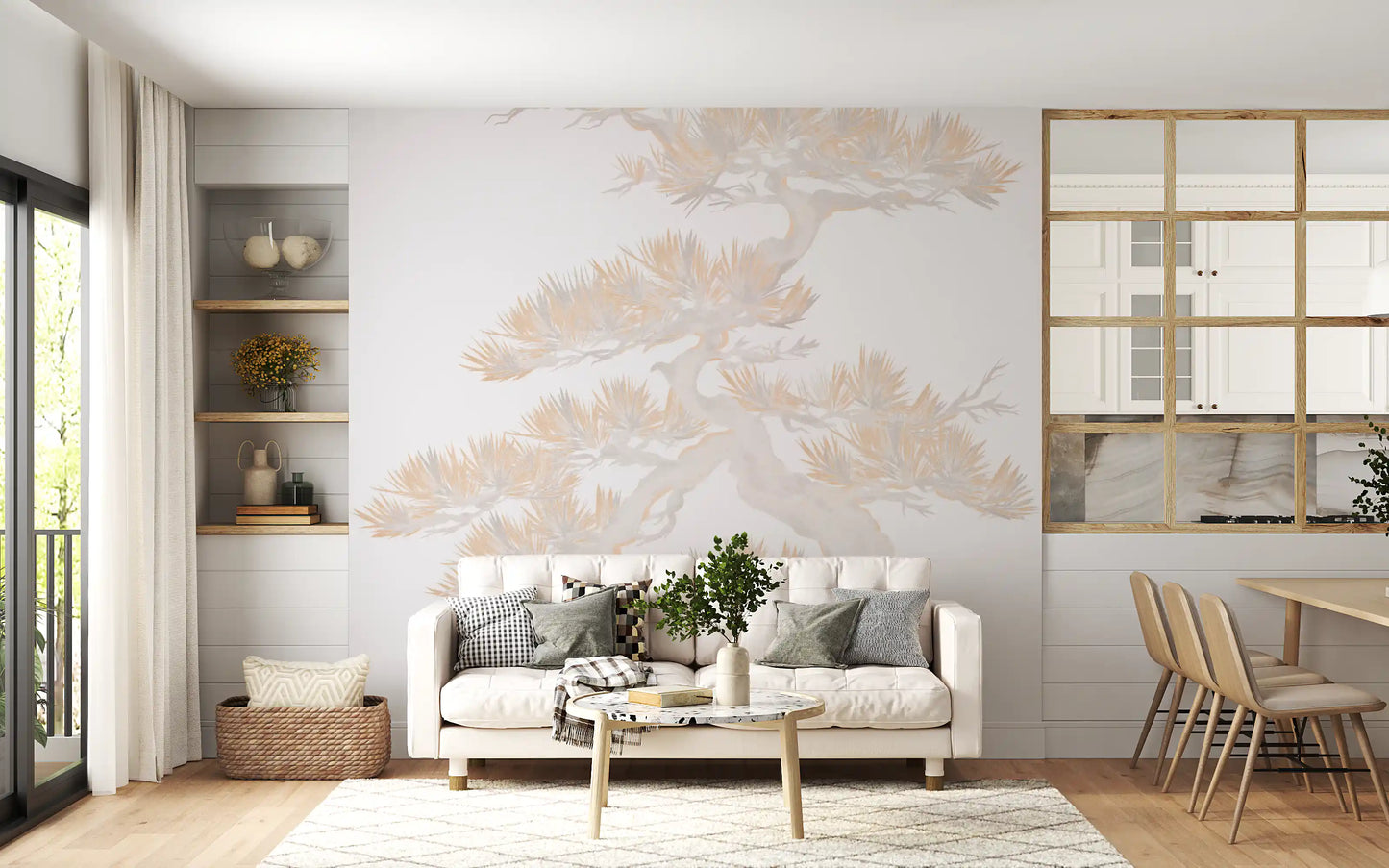 Living room with pastel pine tree wall mural spanning the main 
