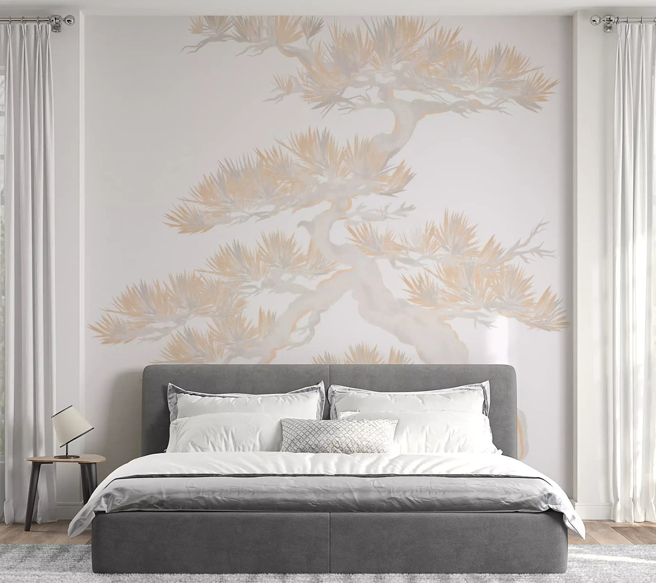 Bedroom with Matsu pine pastel Japanese wall mural covering the full 