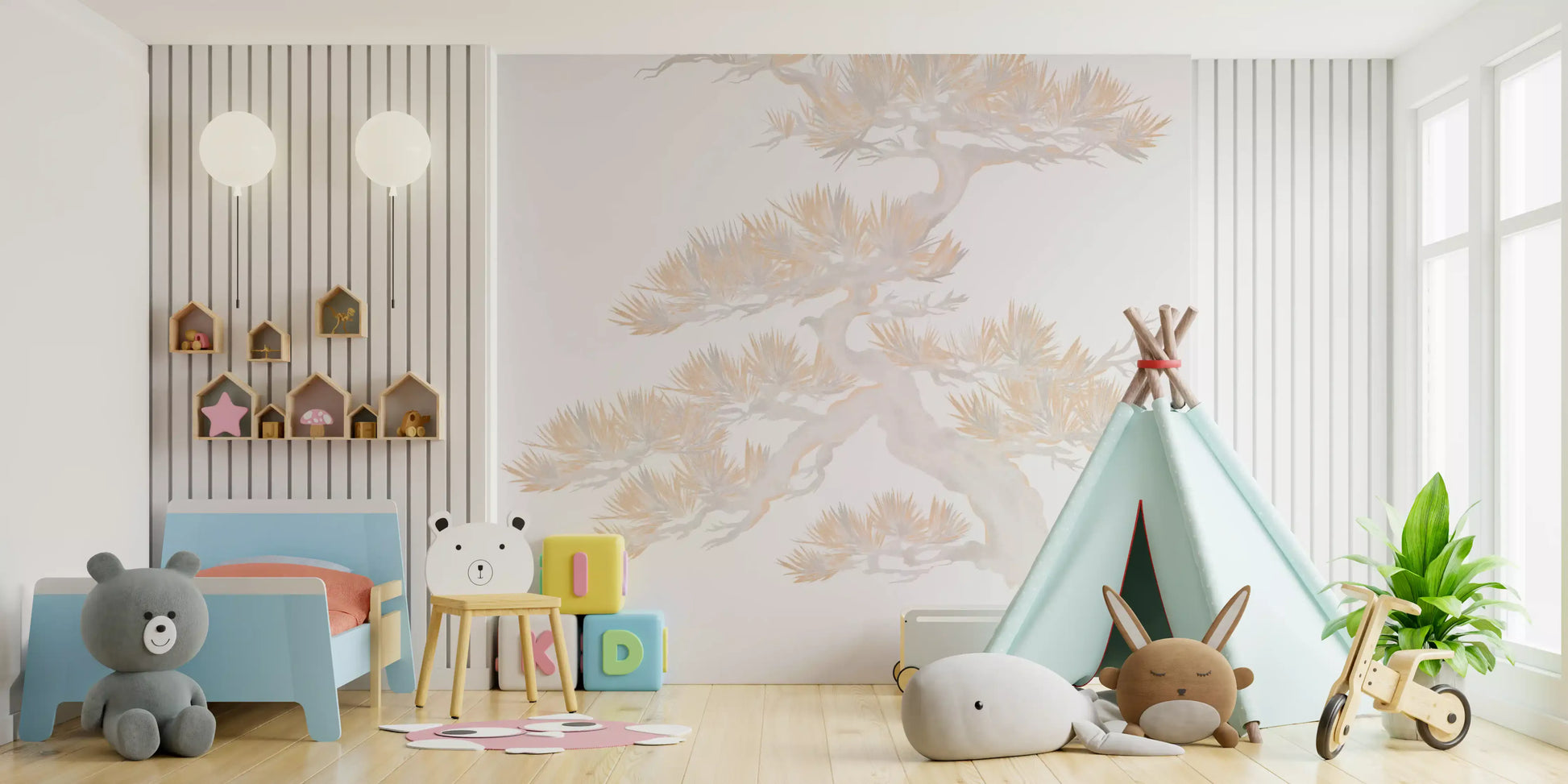 Matsu pine wall mural in pastel cream and gold on a white ground