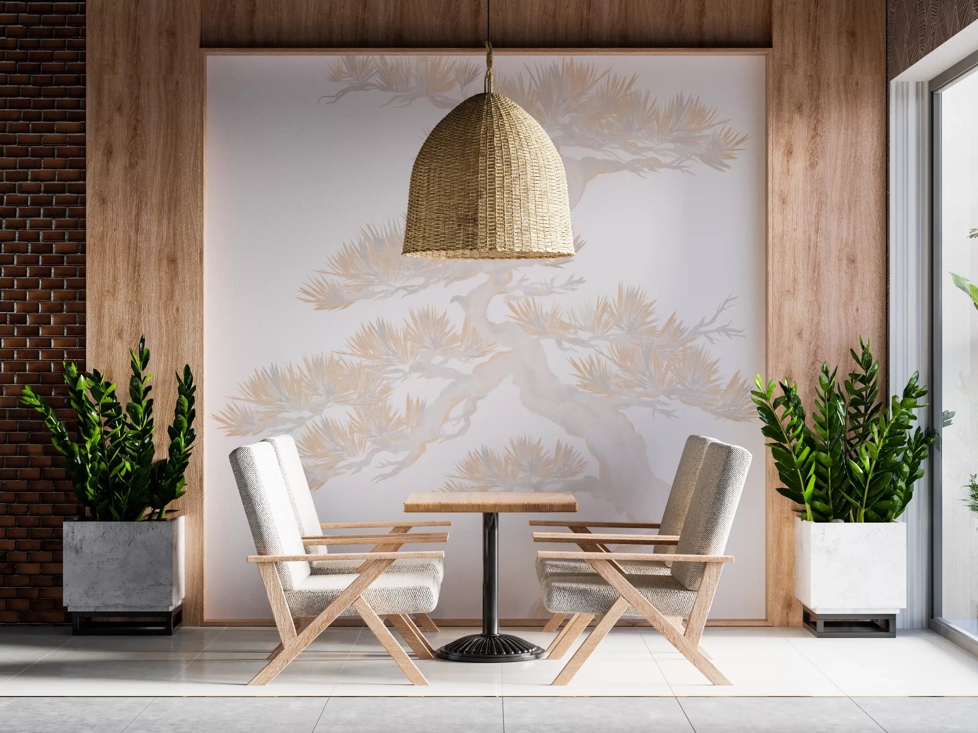 Soft beige Matsu pine wall mural with curved trunk and clustered branches