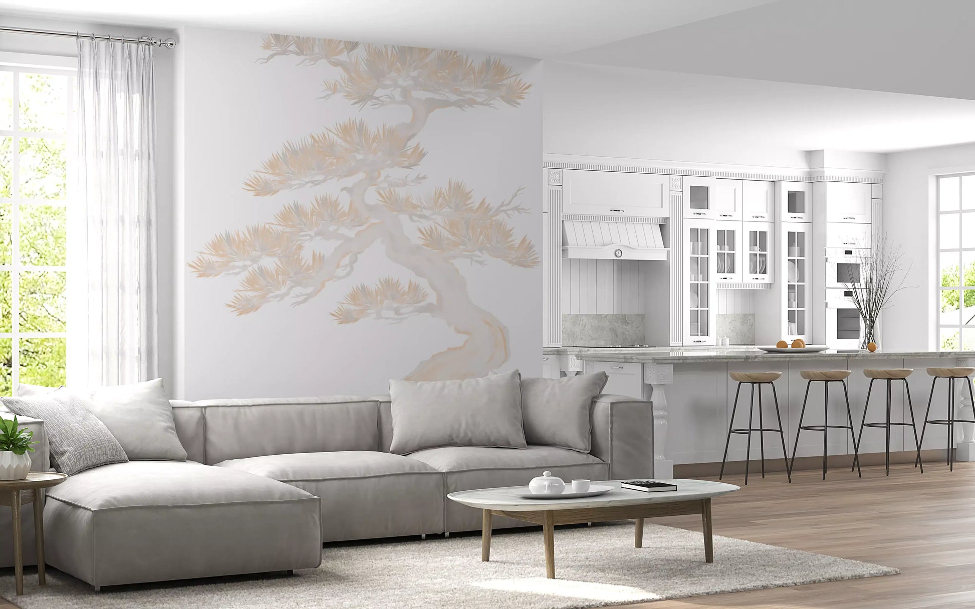 Japanese pine tree wall mural with layered wind-shaped branch pattern in beige