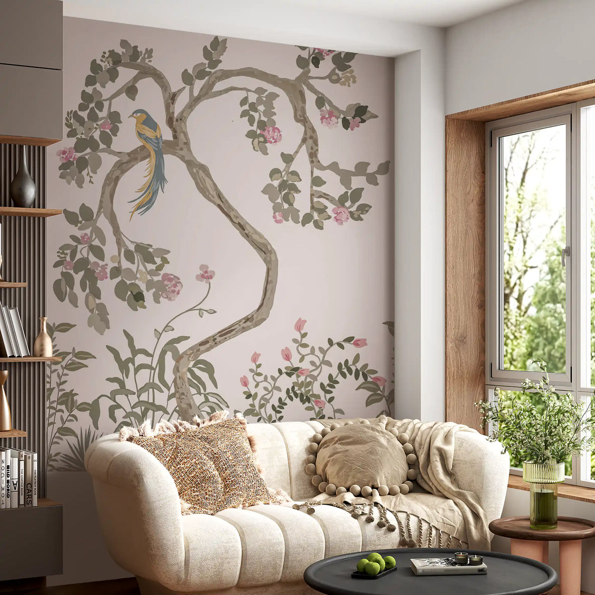 Chinoiserie garden wall mural rising the full height of a living room , blush ground