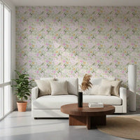 Golden and pink bloom wallpaper tile with sage green leaf sprigs