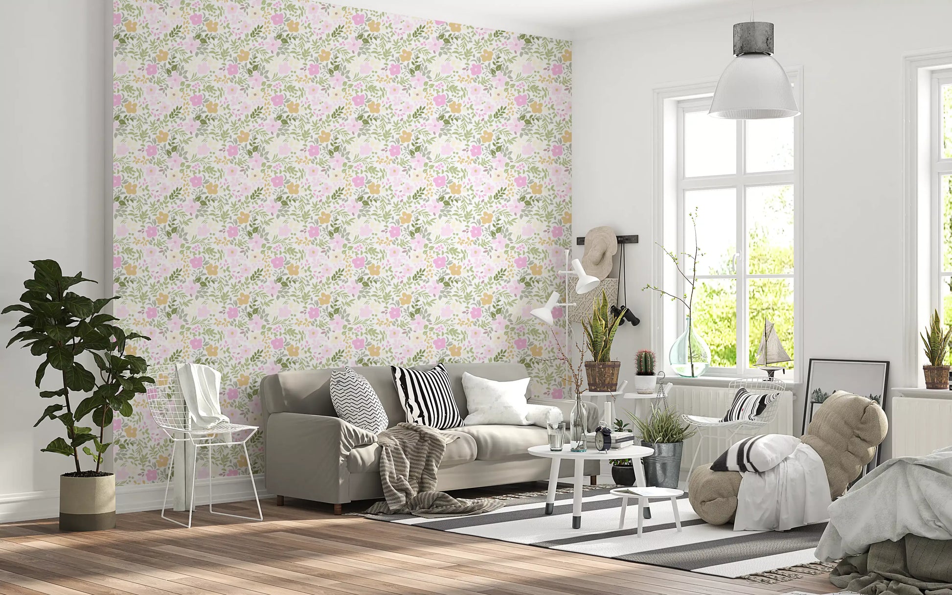 Scattered pink flowers and green foliage in summertime pattern wallpaper
