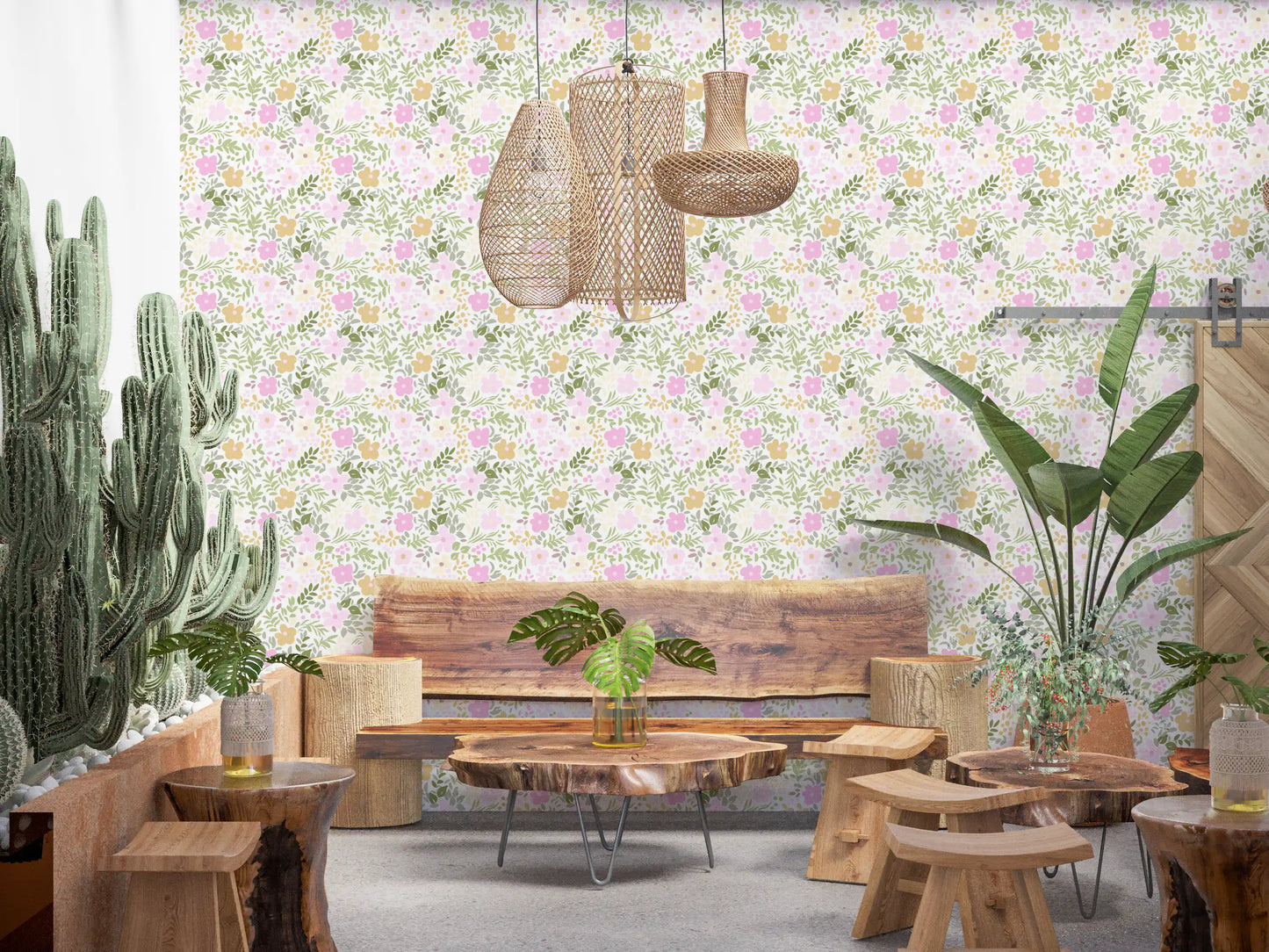 Café setting area in pink and green bloom pattern wallpaper