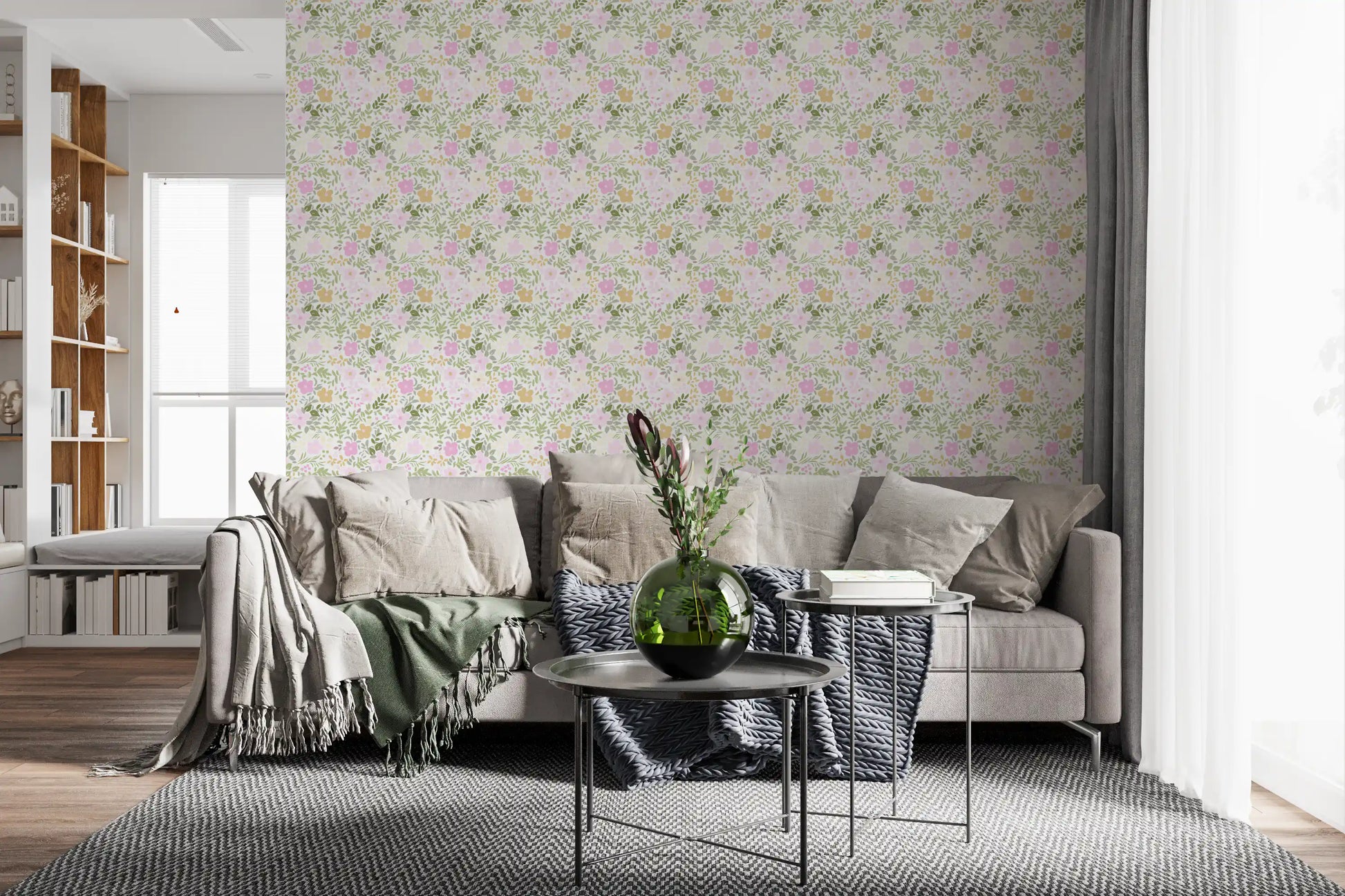 Neutral living room with warm floral repeat wallpaper on the main 