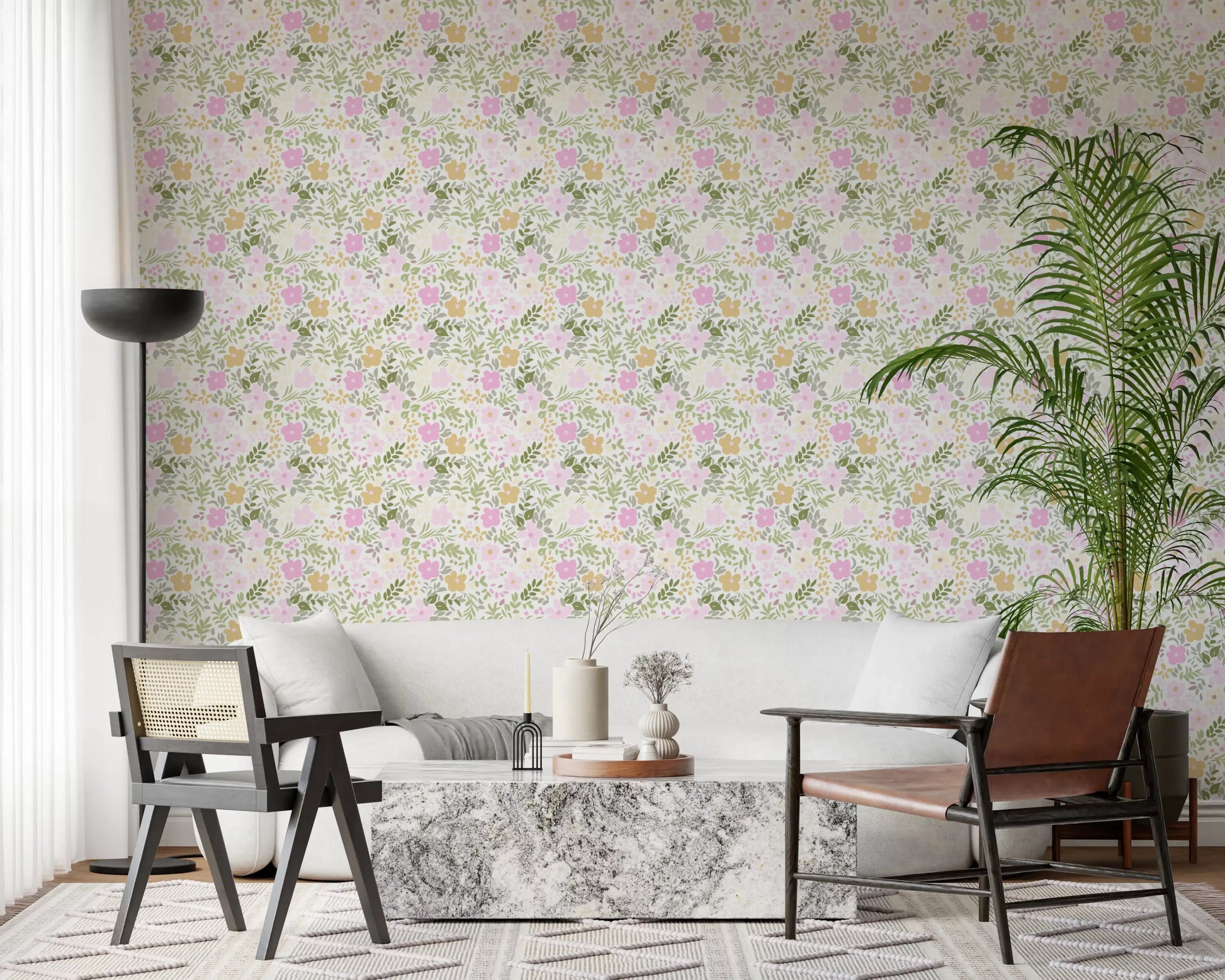 Living room with botanical bloom wallpaper adding a natural accent