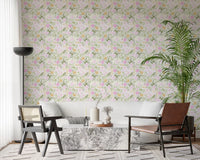 Living room with botanical bloom wallpaper adding a natural accent