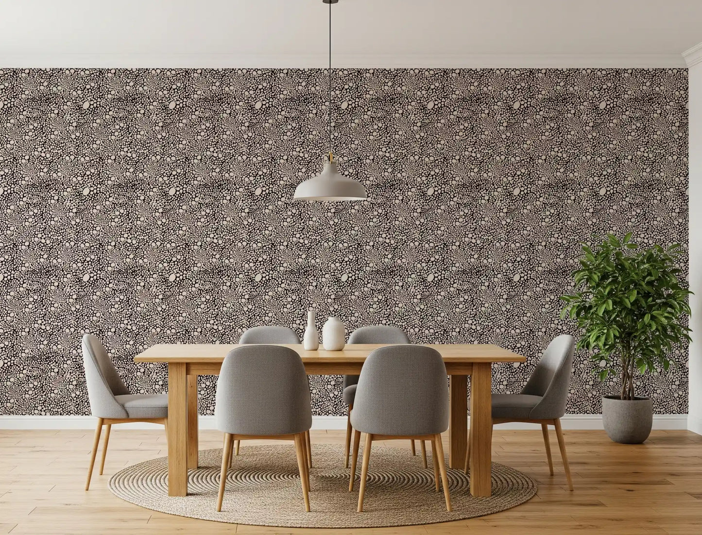 Cream dot mosaic wallpaper filling the Dining room with earthy, scattered texture