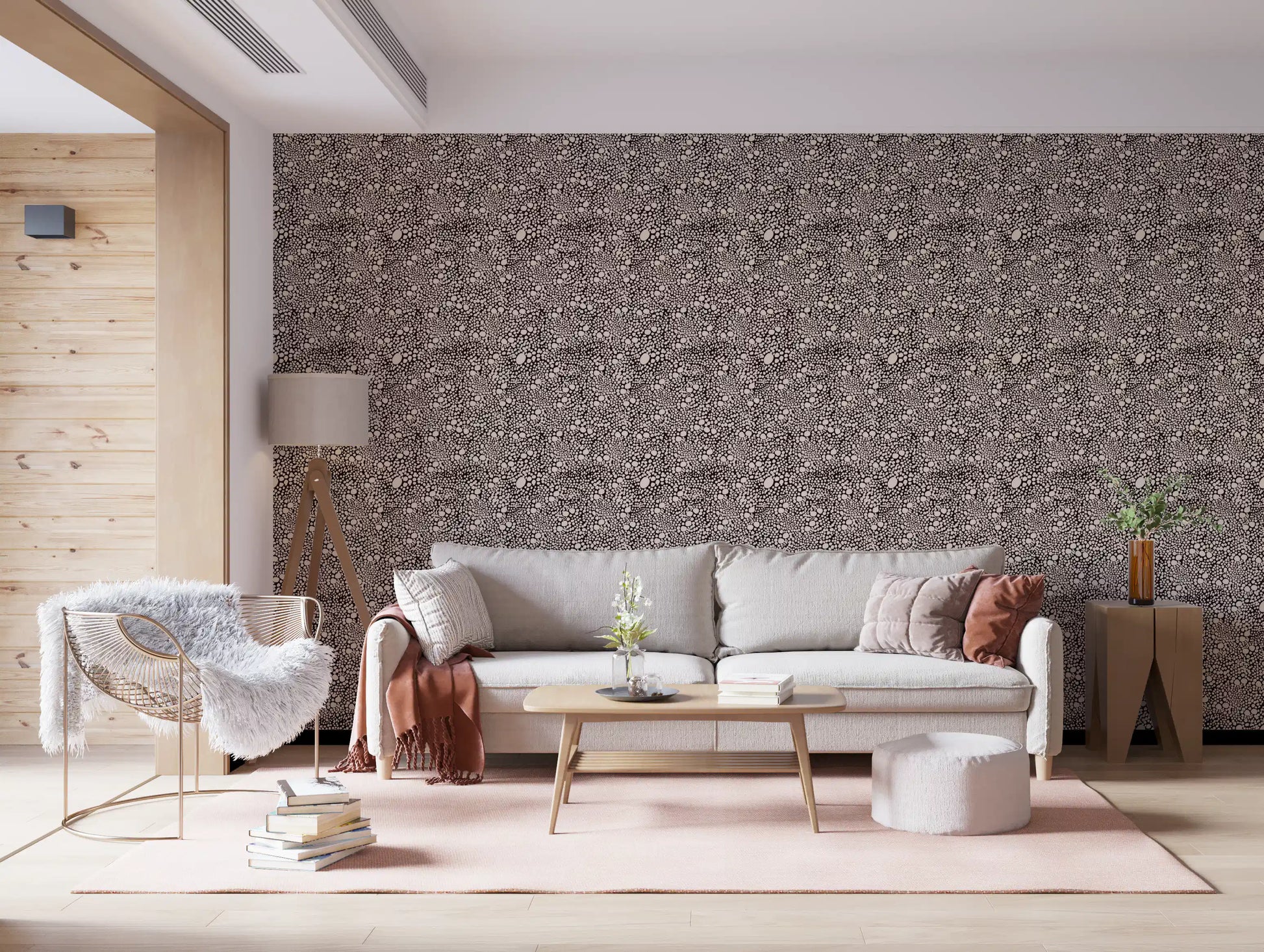 Organic pebble pattern wallpaper covering the Living room in a neutral two-tone repeat