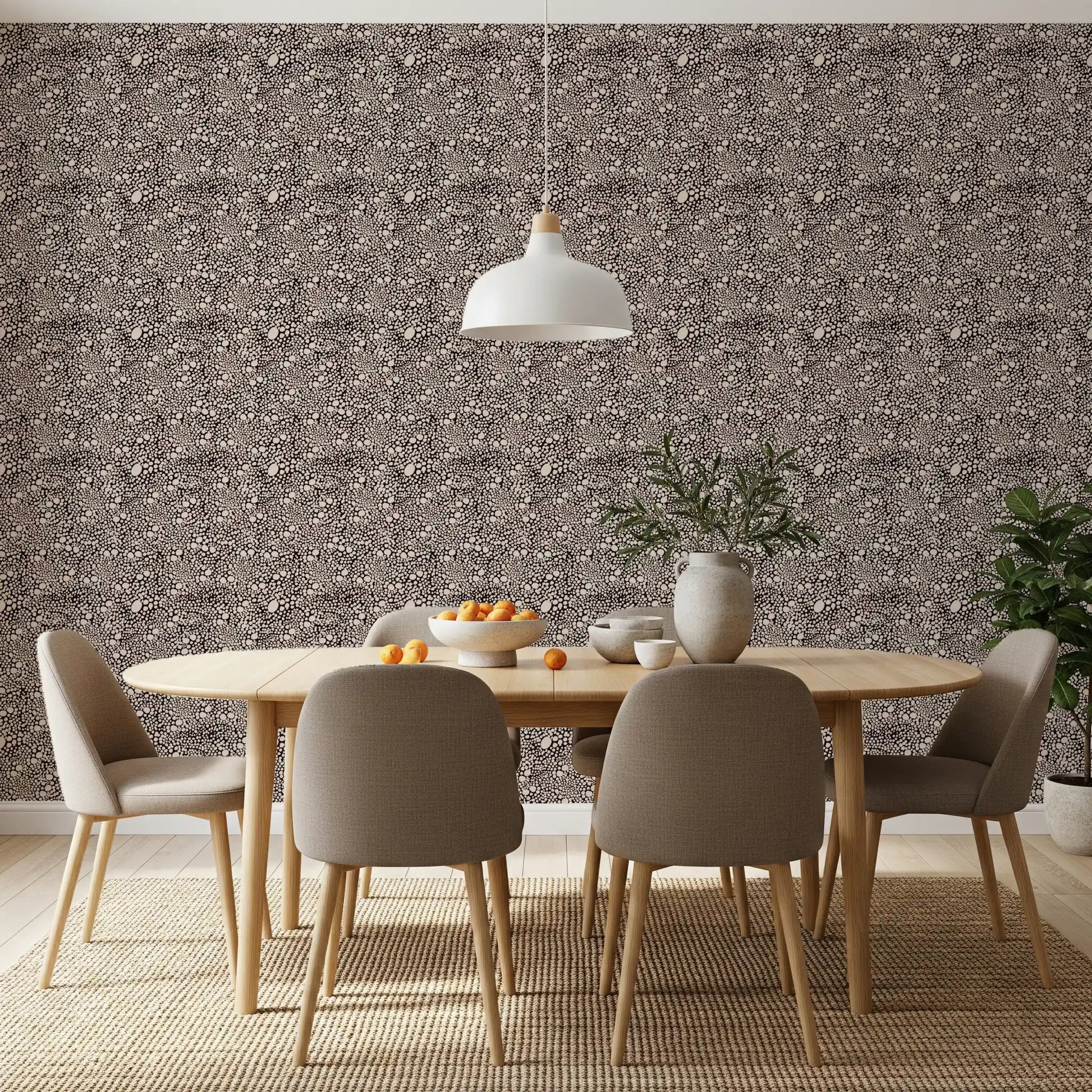 Textured mosaic wallpaper set along the dining room in swirling espresso tones