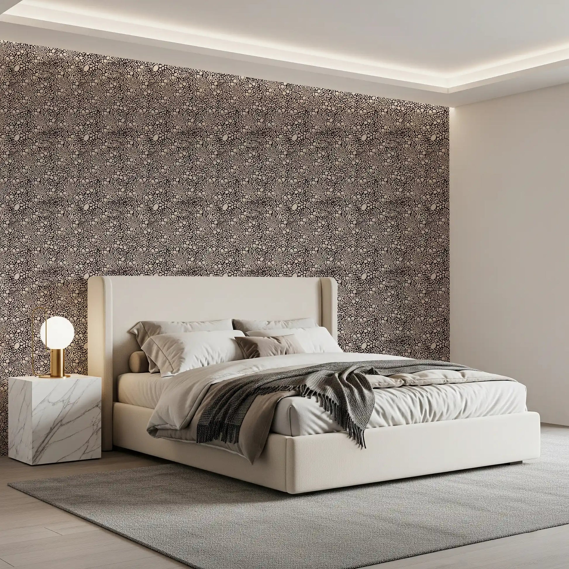 Varying dot sizes scatter in flowing formation on the dotted mosaic wallpaper field