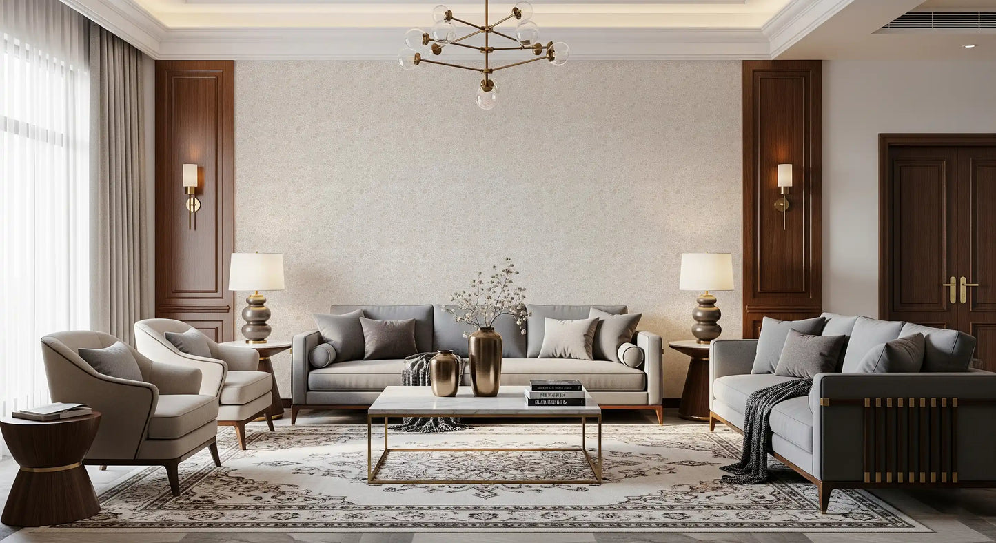 Textured neutral wallpaper with abstract pebble dots in the Living room