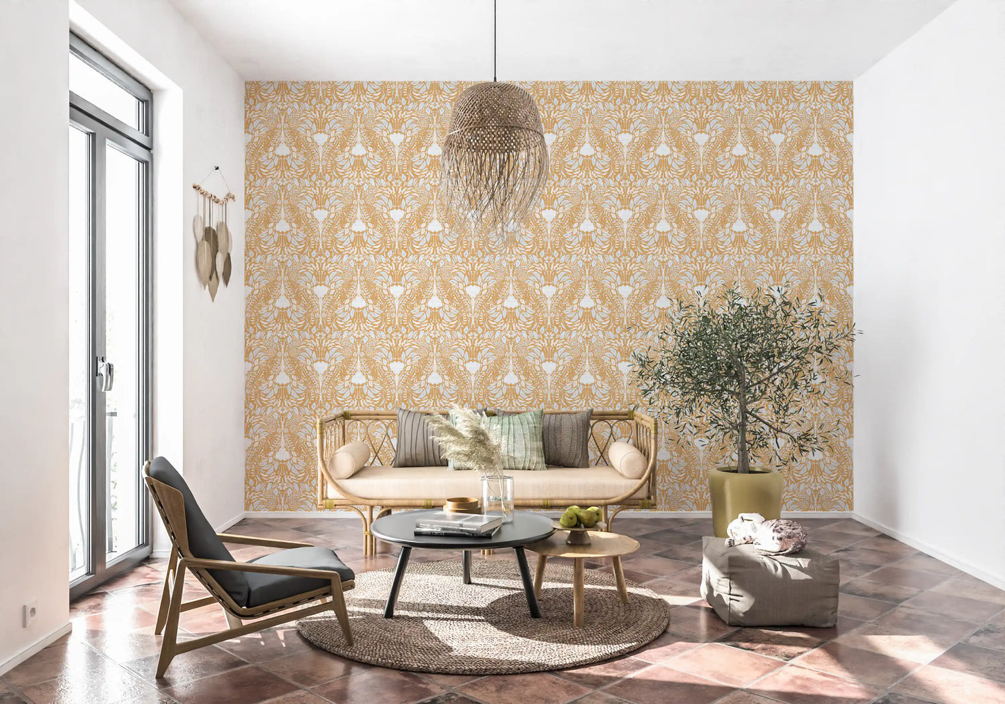 Golden Folk Floral Symmetry Wallpaper⁠