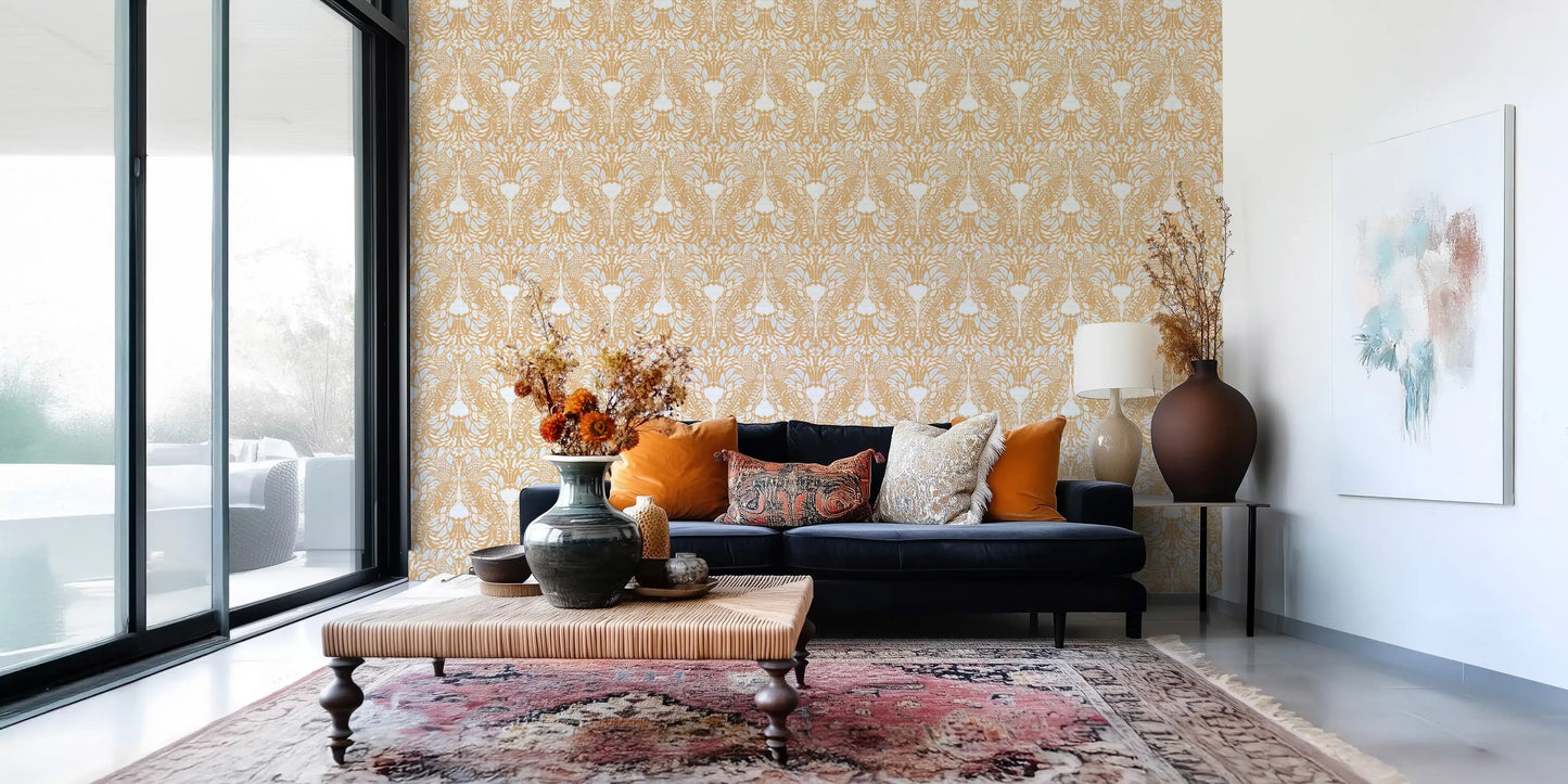 Golden Folk Floral Symmetry Wallpaper⁠