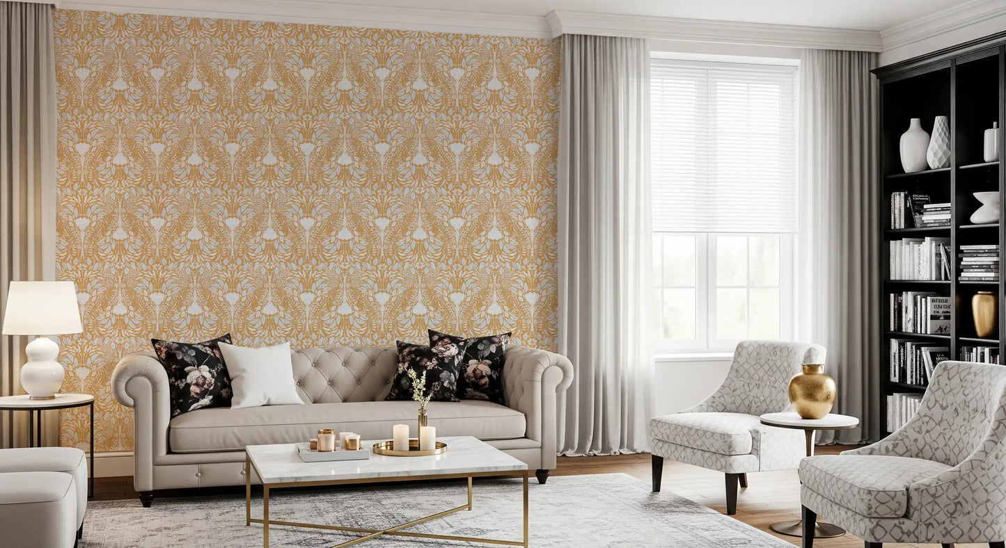 Golden Folk Floral Symmetry Wallpaper⁠