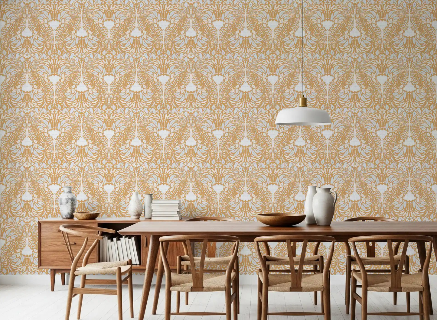 Golden Folk Floral Symmetry Wallpaper⁠