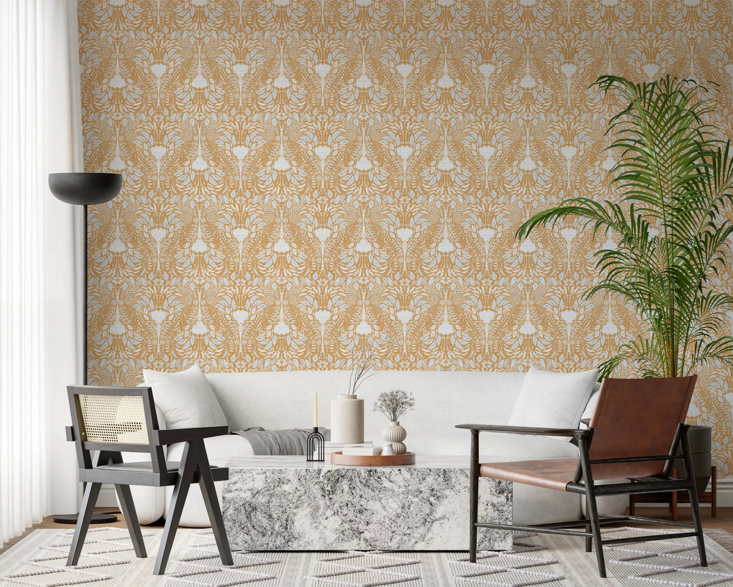 Golden Folk Floral Symmetry Wallpaper⁠