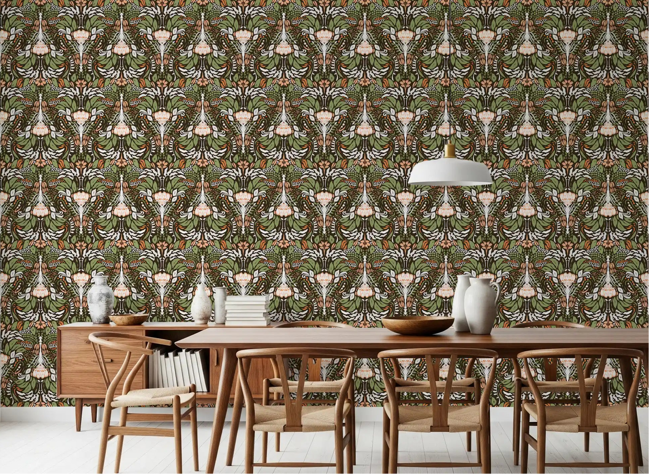 Dining room with earthy botanical floral wallpaper