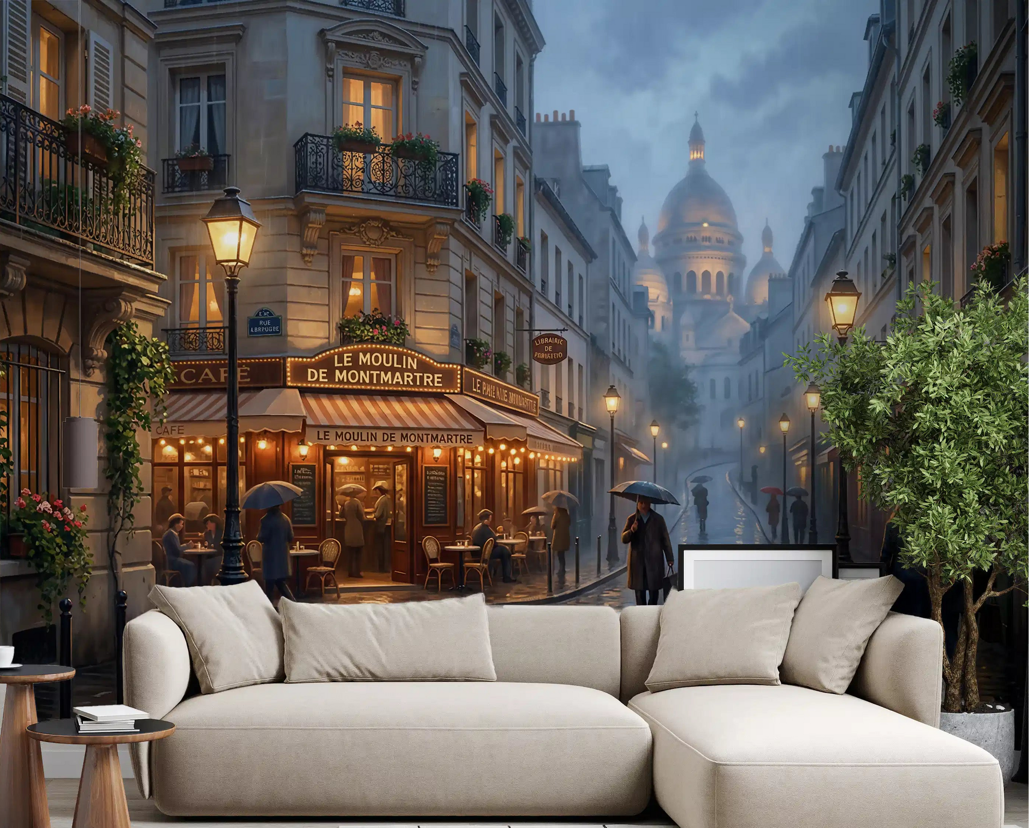 Wet Paris cobblestones spread behind the living room with Montmartre Glow wall mural.