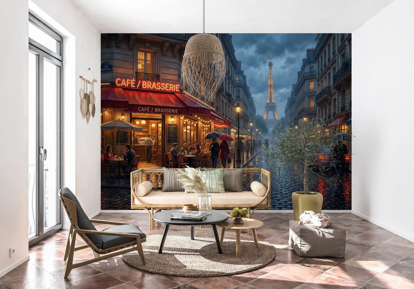 Parisian Glow: Rainy Evening Cafe Wall Mural