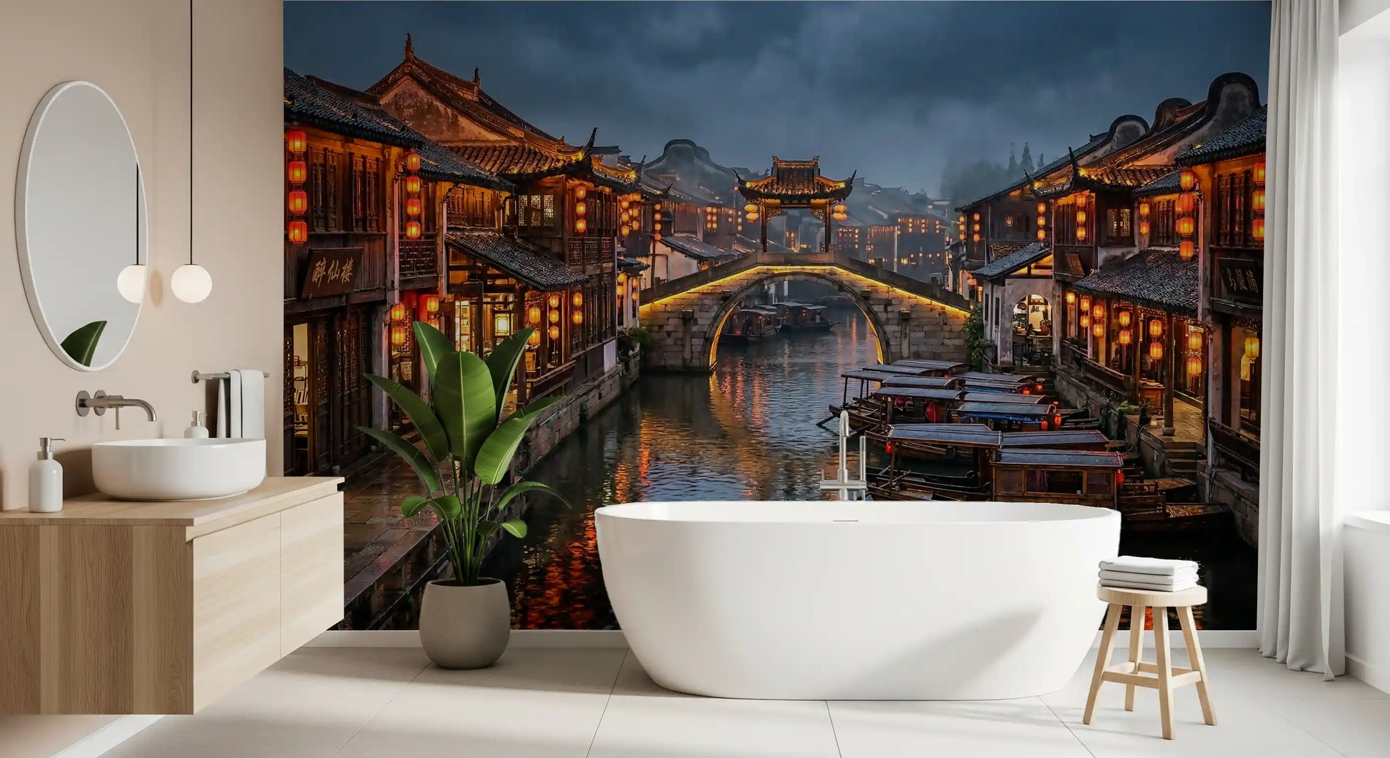 Wooden boats moored along a canal in twilight wall mural composition