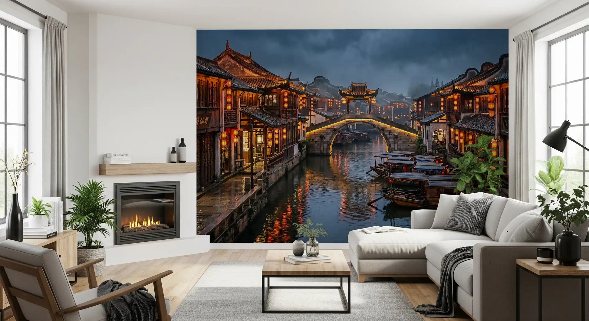 Old town wall mural with tiled rooflines and warm amber lantern light
