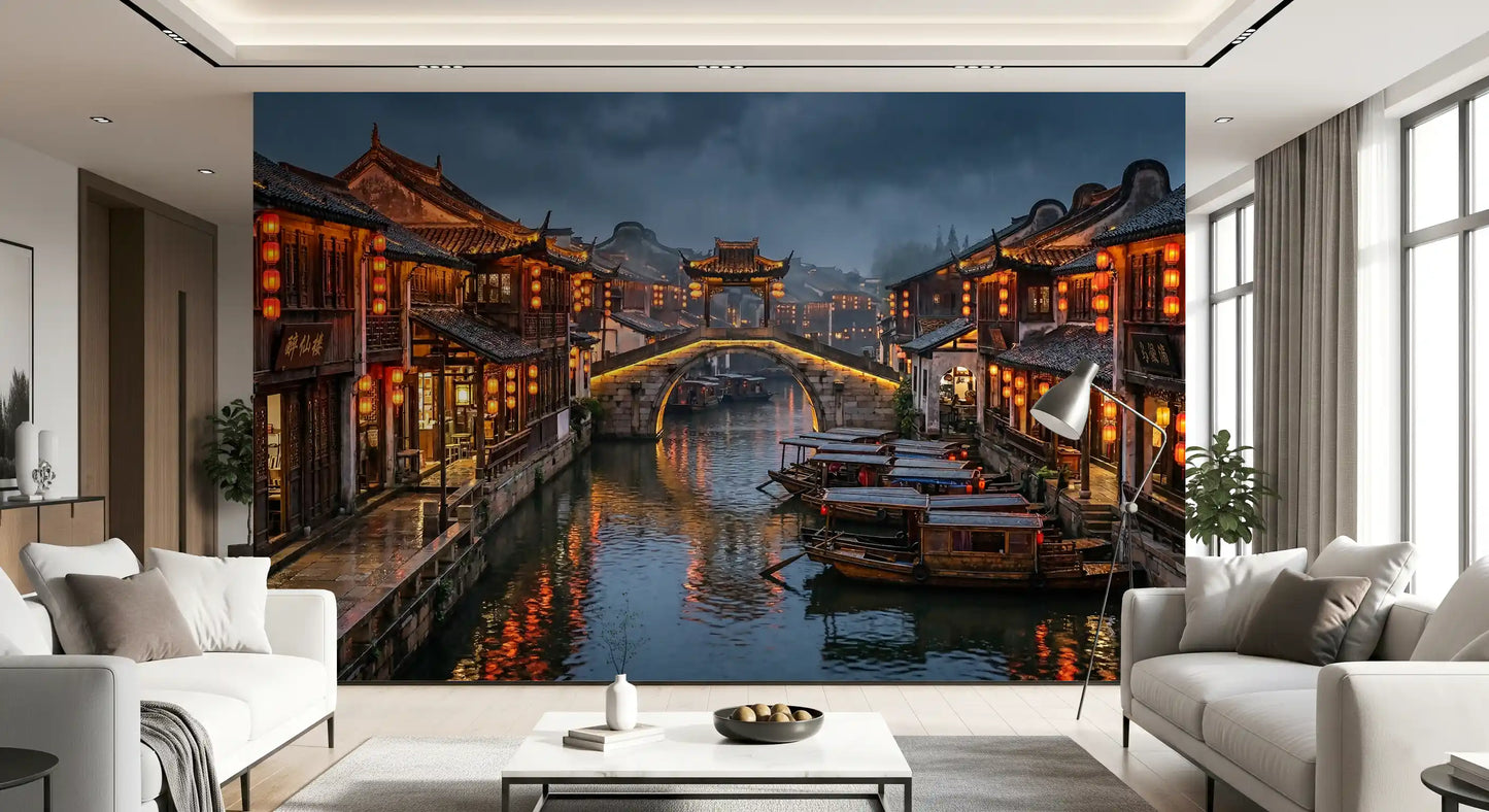 Living room finished with old town twilight wall mural at full height
