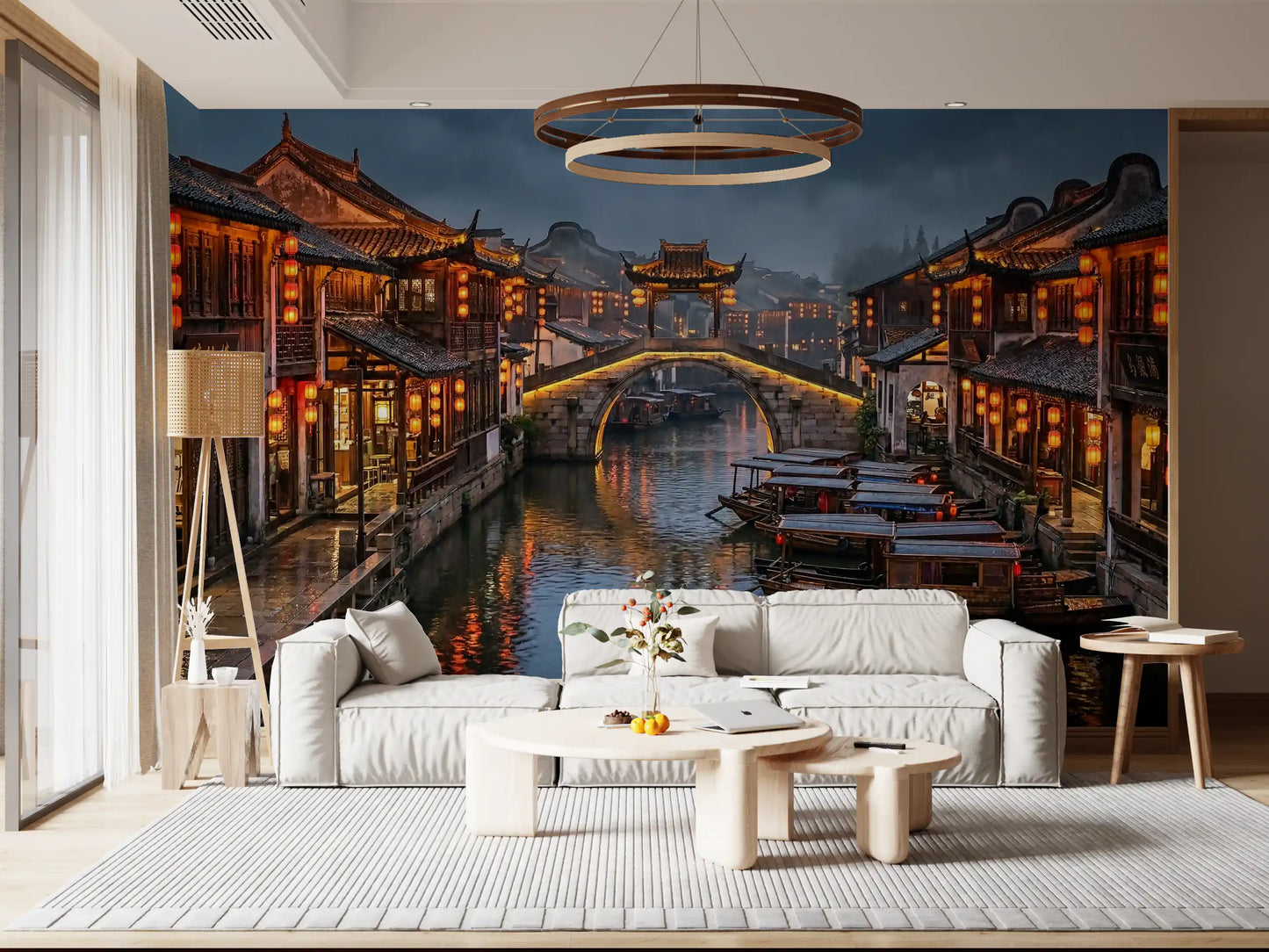 lounge area with lantern canal wall mural in soft warm tones