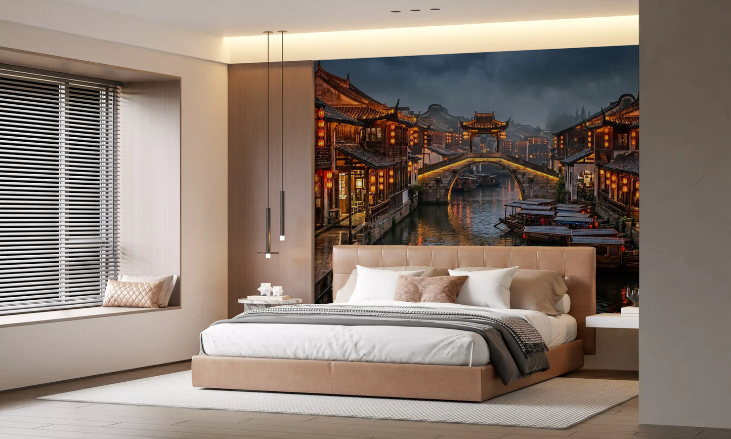 Bedroom feature showing lantern reflections wall mural at dusk
