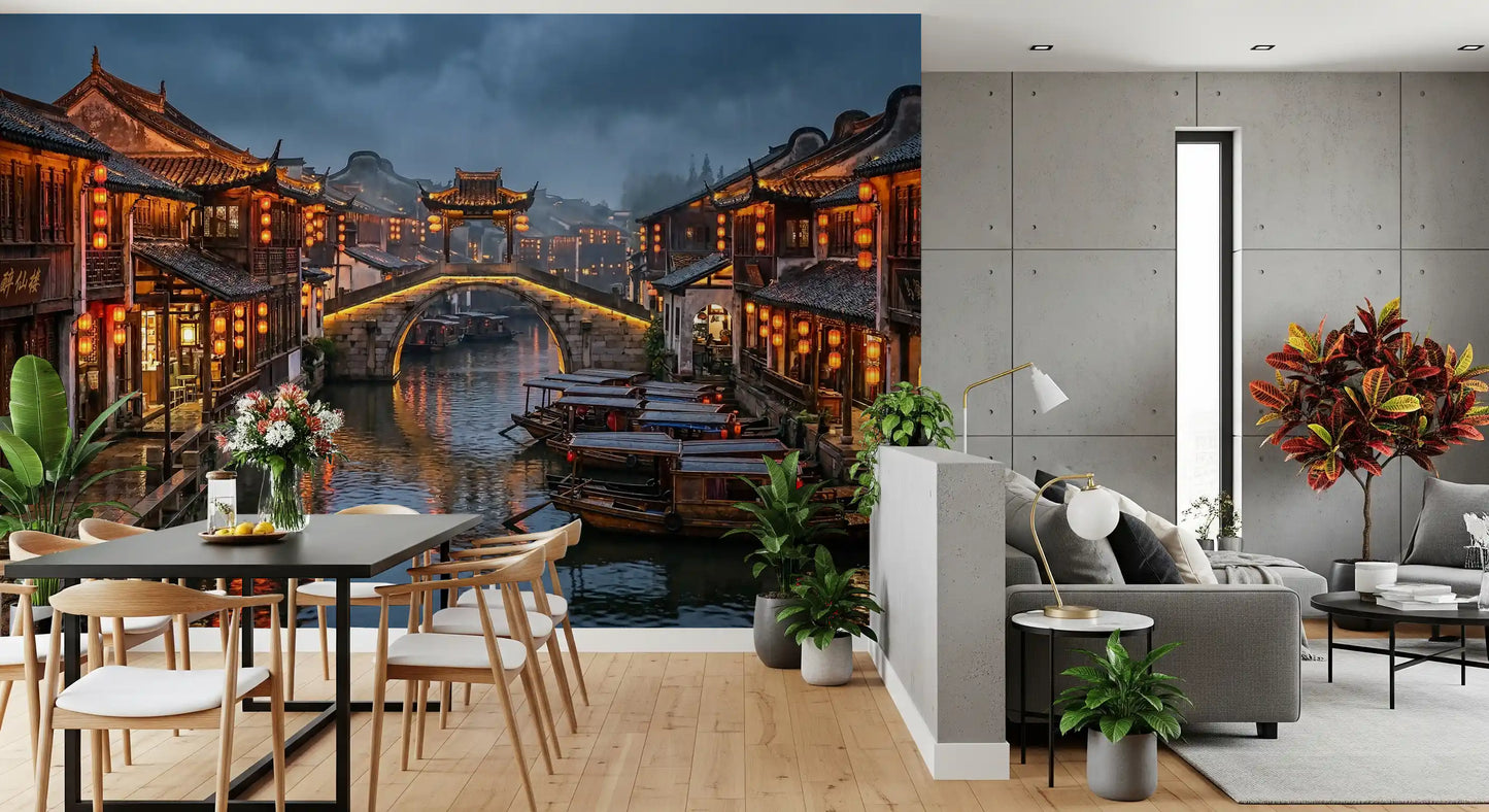 Dining area styled with old town wall mural and warm lantern glow