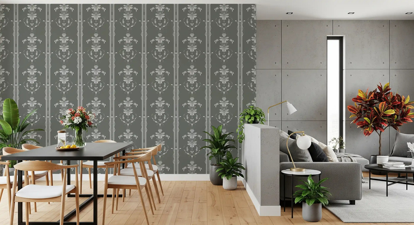 Timeless  Cottagecore Gray Botanical Motif Stripes Wallpaper⁠
